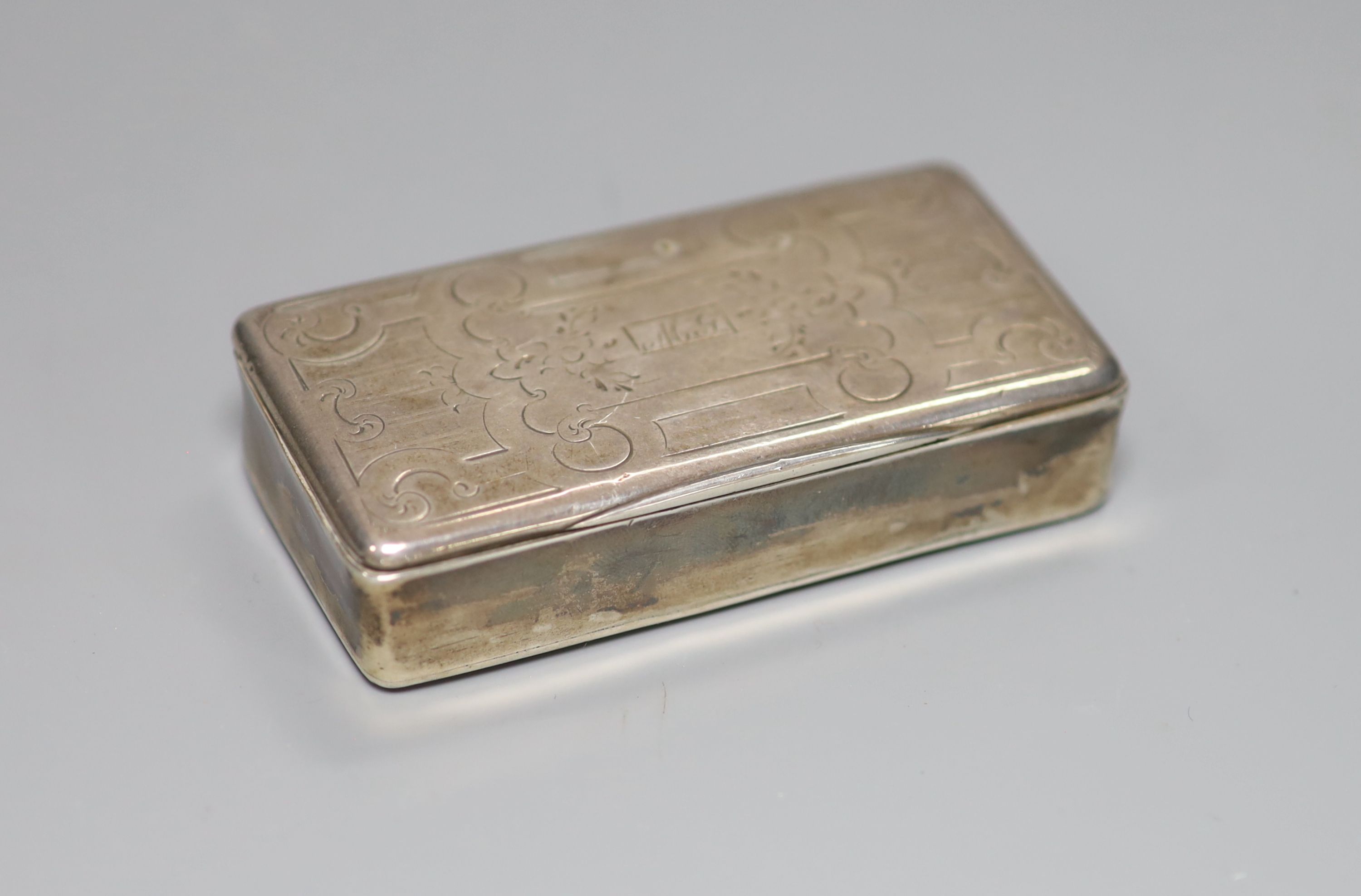 A 19th century continental white metal rectangular snuff box (a.f.)